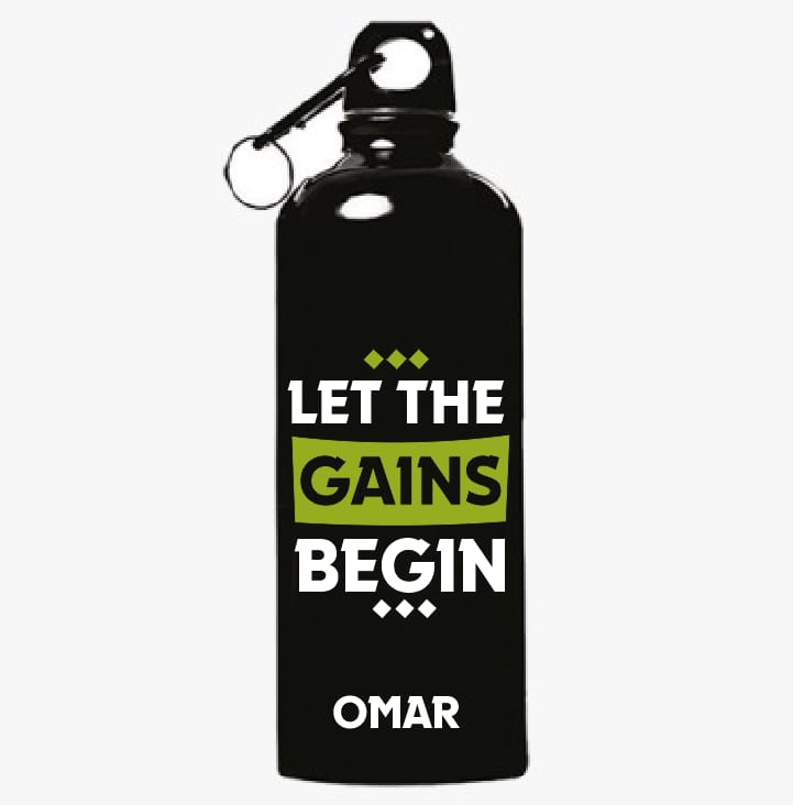 Gains Personalised Black Gym Water Bottle - 500ml